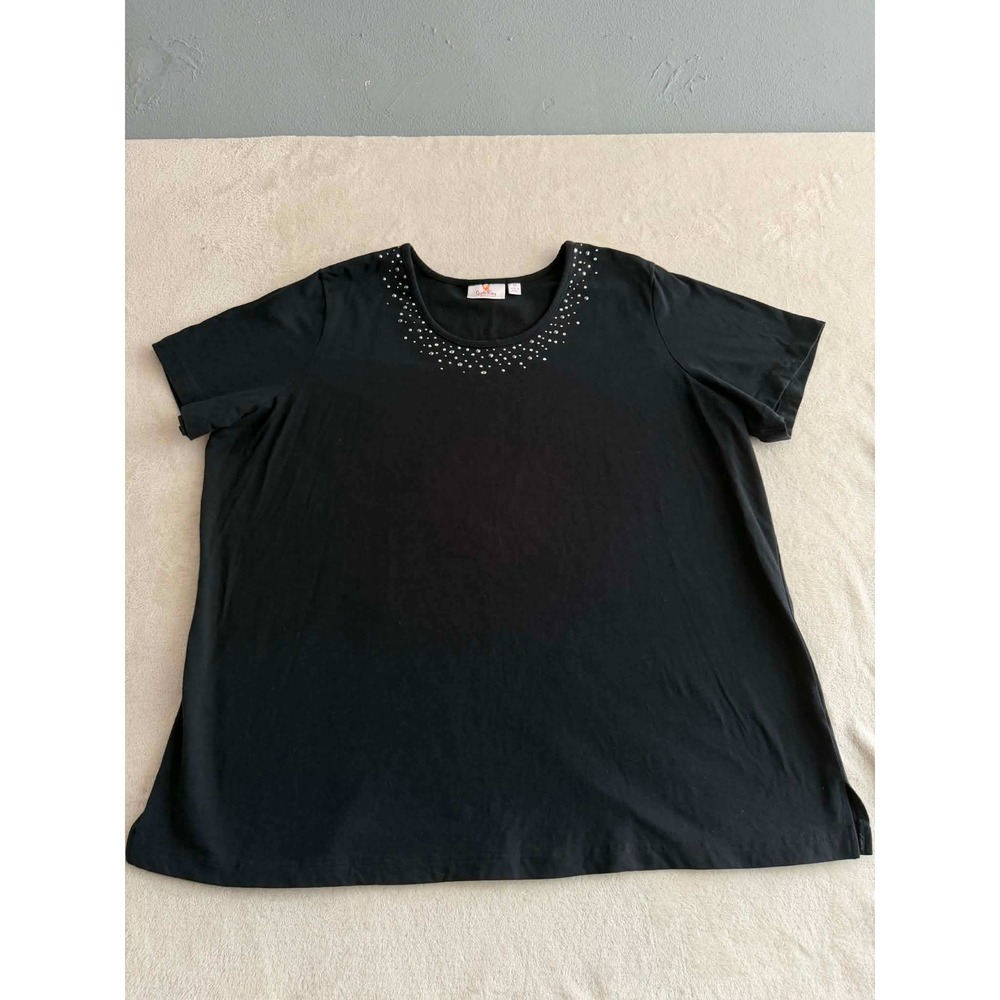 Quacker Factory Black Rhinestone Scoop Neck Short Sleeve Knit Top Plus Size 3X